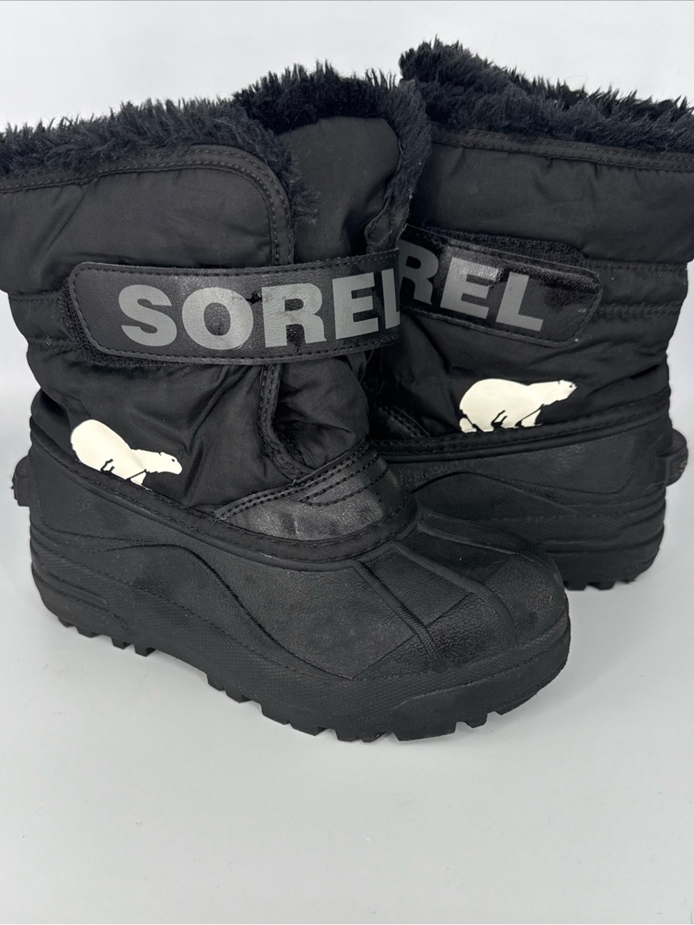 Kids sz 13 SOREL black faux fur lined snow boots children